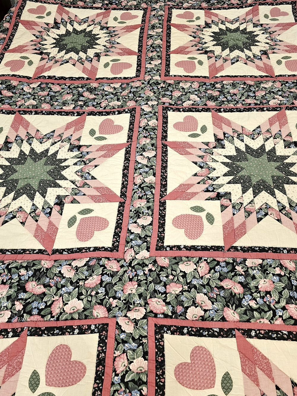 Handmade Floral Star Patchwork Quilt in Pink, Green, Cream and butterflies